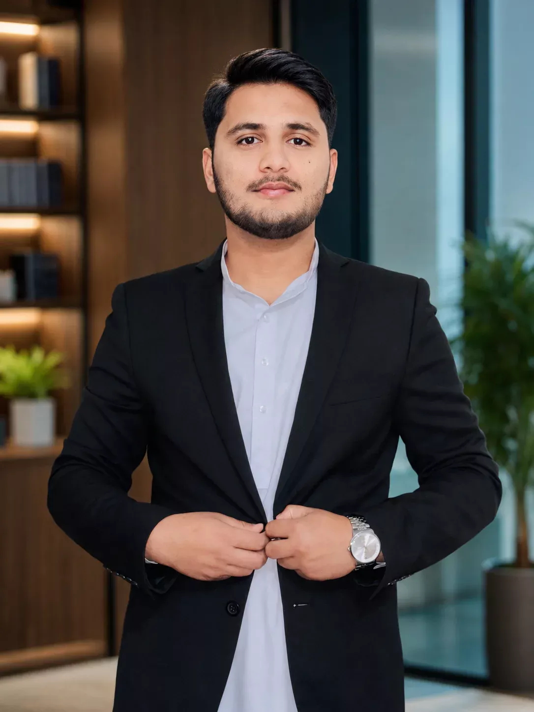 Fahad Naeem standing in a black suit and light shirt in a modern office