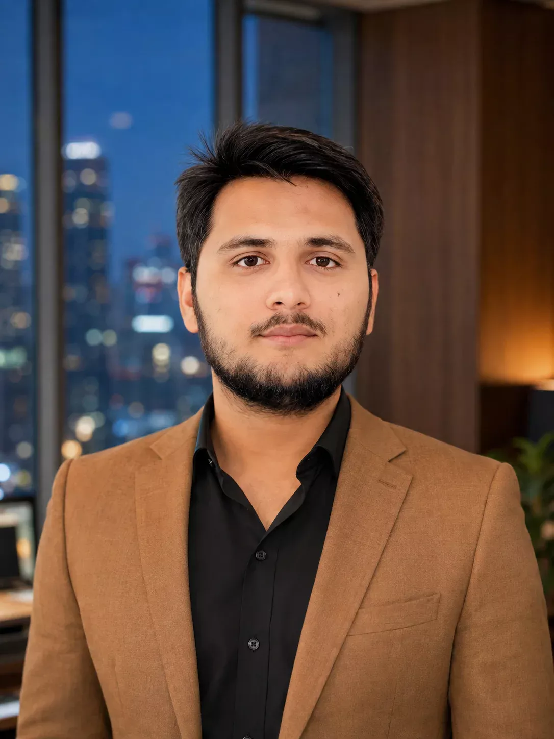 Fahad Naeem wearing a tan blazer and black shirt in an office at night