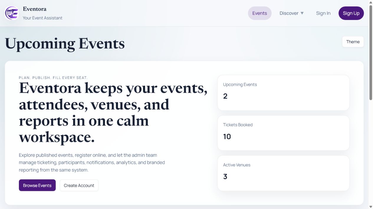 Eventora End-to-end event booking and operations platform interface